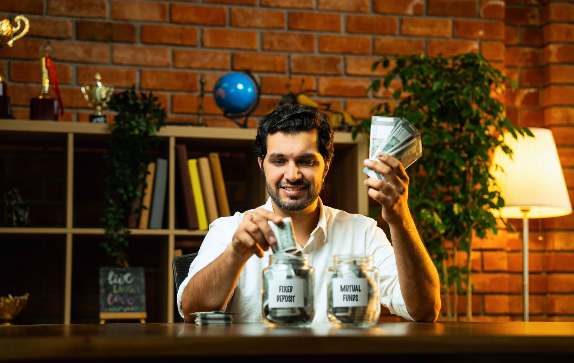 Indian bearded young man sitting at a desk under moody lighting, managing finances by putting money into three glass jars with labels, symbolising saving and financial planning